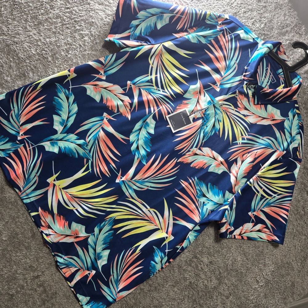 Club Room Performance Polo 2XL Navy Tropical Palm Print UPF 50 Golf Shirt NEW - Picture 6 of 7